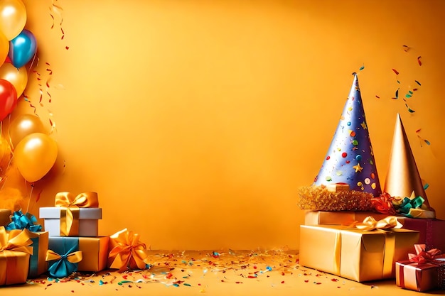 verjaardagsfeest geschenken hoeden decoratie aan de linkerkant op amber kleur achtergrond