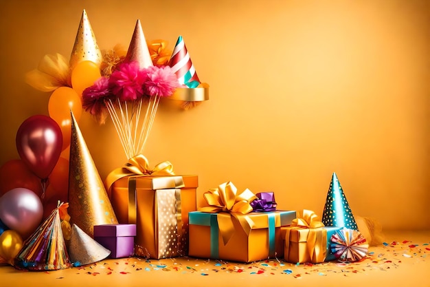 verjaardagsfeest geschenken hoeden decoratie aan de linkerkant op amber kleur achtergrond