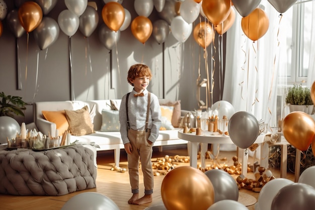 Verjaardagsfeestje ballon kind jeugd kinderen blauwe jongen schattige kleine generatieve AI