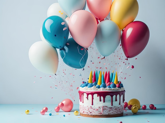 Verjaardagsfeestje ballonnen met cake en confetti ai generatief