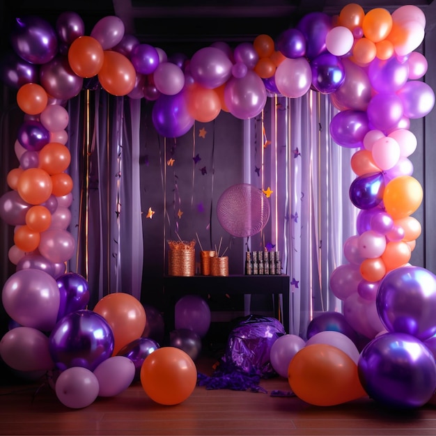 Verjaardagsfeestje decoratie met ballonnen en cake op donkere kamer achtergrond