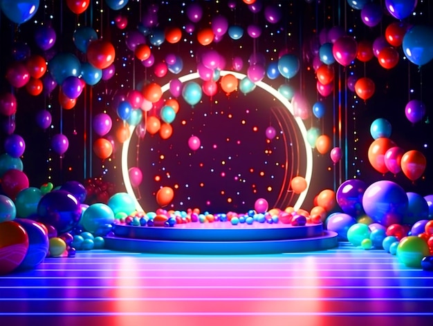 Foto verjaardagsfeestje podium met kleurrijke ballonnen arrangement