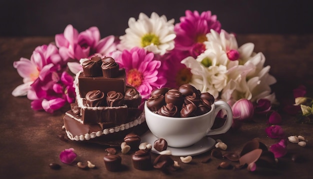verjaardagskaartje met bloemen en chocolade.