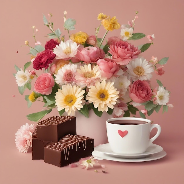 verjaardagskaartje met bloemen en chocolade.