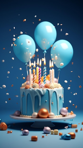 Verjaardagstaart met ballonnen en confetti op blauwe achtergrond 3D Vertical Mobile Wallpaper