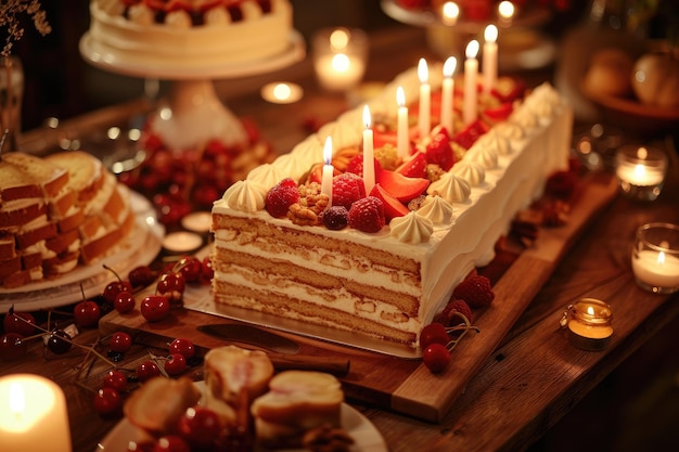 verjaardagstaart met bessen en kaarsen op een houten tafel