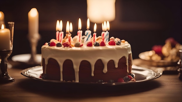 verjaardagstaart met brandende kaarsen op een houten tafel selectieve focus