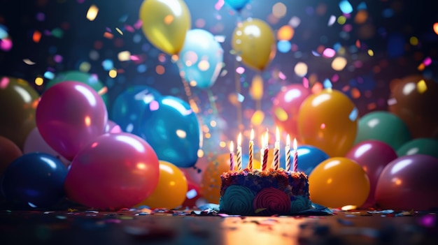 Verjaardagstaart met kaarsenconfetti en luchtballonnen op onscherpe feestachtergrond Gemaakt met generatieve AI-technologie