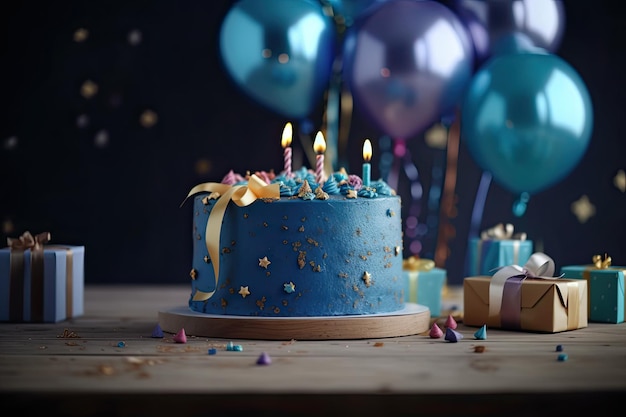 Verjaardagstaart met kaarsjes en cadeautjes op houten tafel tegen onscherpe achtergrond Blauwe verjaardagstaart met geschenkdozen confetti en ballon AI gegenereerd
