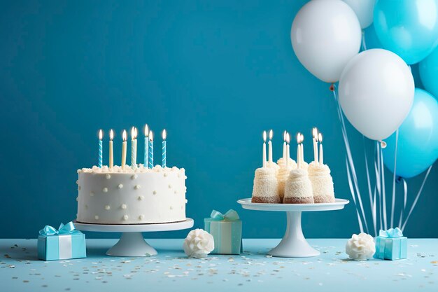 Verjaardagstaart met kaarsjes en snoepjes op witte tafel bij blauwe muur Generatieve AI