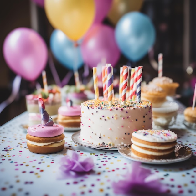 verjaardagstaart met kleurrijke ballonnen