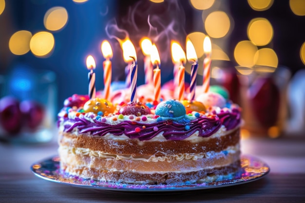 Verjaardagstaart met kleurrijke brandende verjaardagskermen