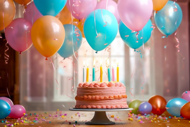 Verjaardagstaart met roze glazuur en aangestoken kaarsen omringd door ballonnen en strookjes Generatieve AI