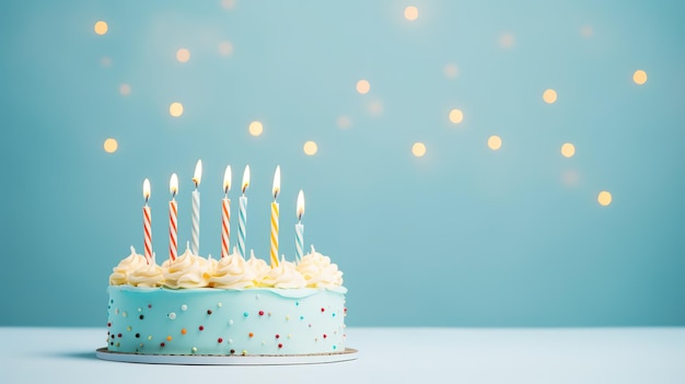 verjaardagstaart met zeven kaarsen op een pastelblauwe achtergrond
