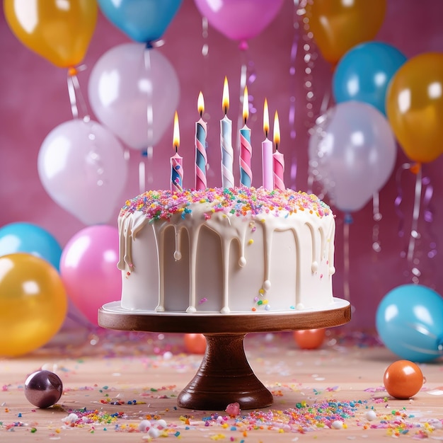 verjaardagstaart op een kleurrijke ballon achtergrond Generatieve AI