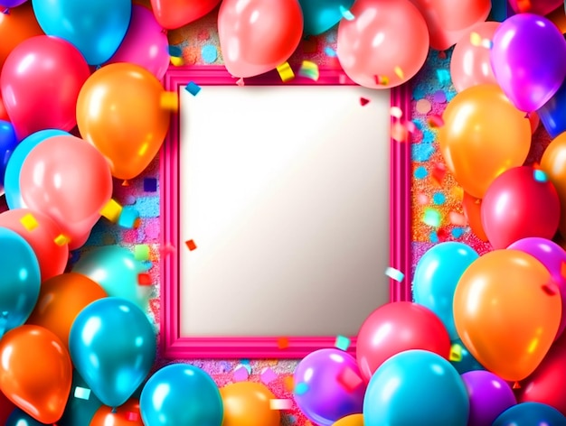 Verjaardagsthema frame met kleurrijke ballonnen en confetti