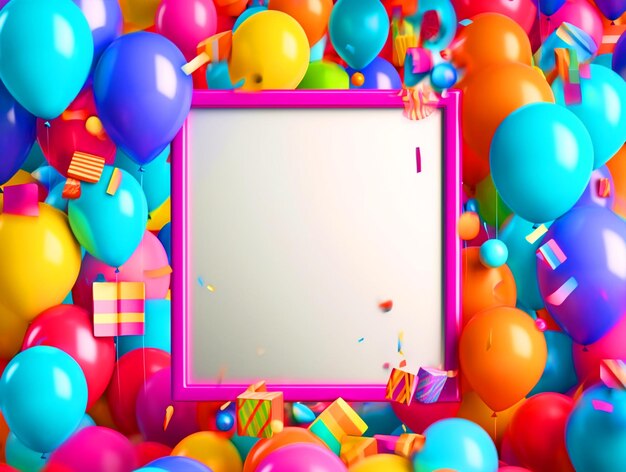 Verjaardagsthema frame met kleurrijke ballonnen en confetti
