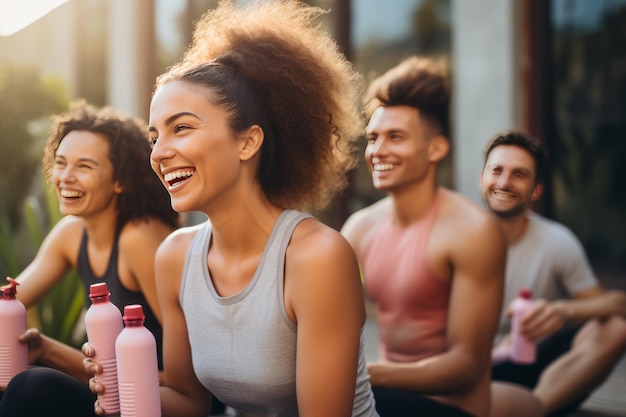 Verjonging en vriendschap Jonge vrouwen in sportkleding genieten van verse fruitdranken na de yoga-les