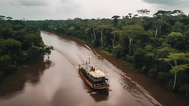 Verkeer houten boot zeilen op tropische regenwoud rivier in drone foto generatieve ai