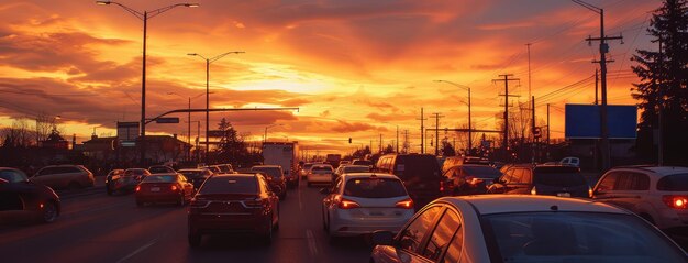 Verkeer in de spits onder een levendige zonsondergang