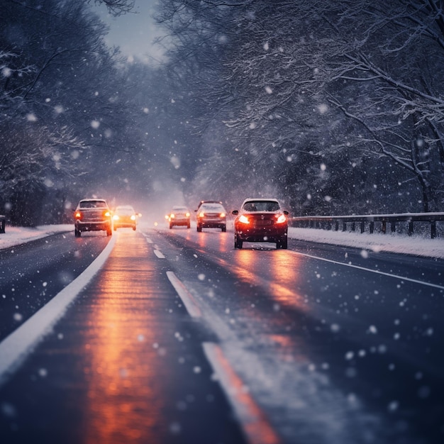 Verkeer op een winterweg met zware sneeuwval in de stad