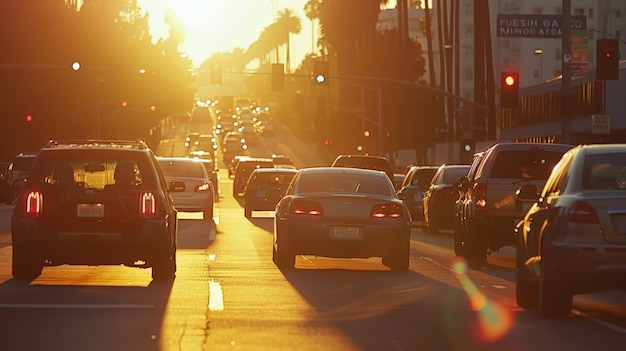 Verkeer vol voertuigen bij zonsondergang