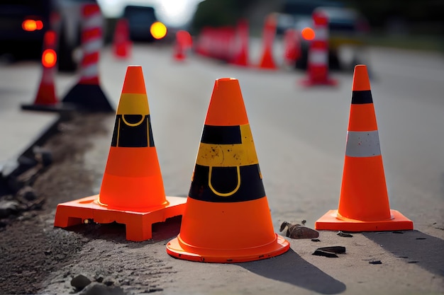 Verkeerskegels en waarschuwingsborden markeren reparatiewerkzaamheden aan drukke weg