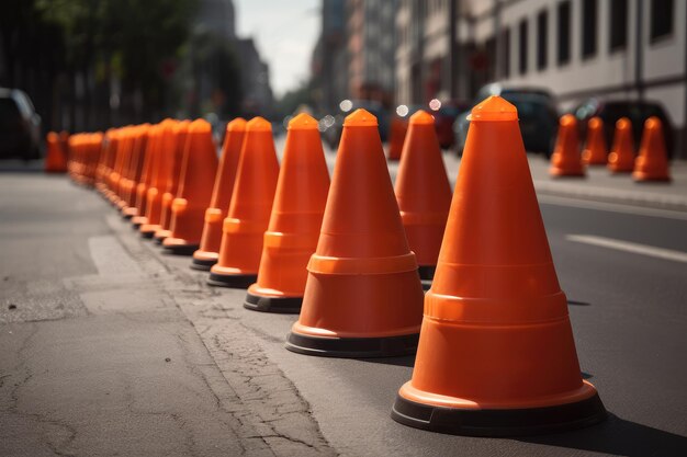 Foto verkeerskegels opgesteld in een rij op drukke straat