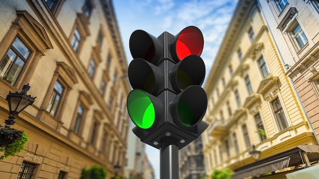 Verkeerslichten op groen en rood met de achtergrond van de straatmening van de stad