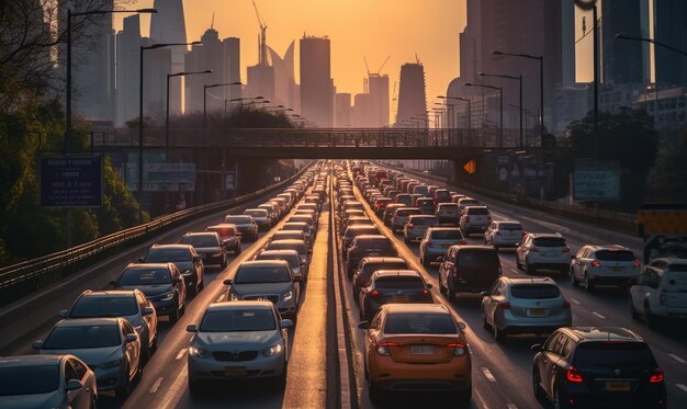 Foto verkeersopstoppingen bij zonsondergang