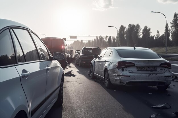 Verkeersopstoppingen en auto-ongelukken op de snelweg bij zonsondergang