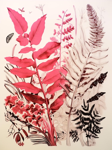 Foto verken de bekoring van de natuur met boeiende riso-prints van botanische illustraties ideaal voor natuurgeïnspireerd ontwerp of huisdecoratie