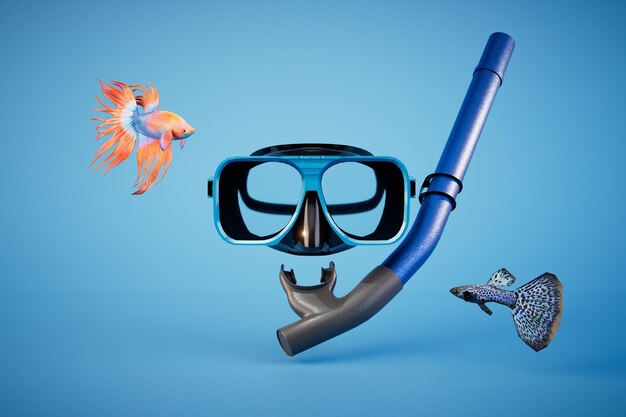 Foto verkenning van de onderwaterwereld onderwatermasker met snorkel en vis op een blauwe achtergrond