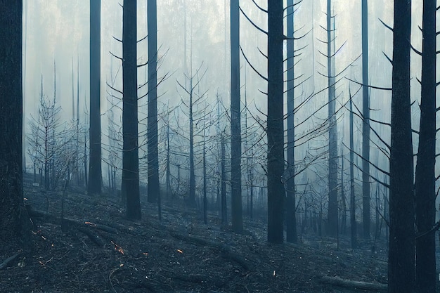 Verkoold bos met verbrande boomstammen en grasachtergrond