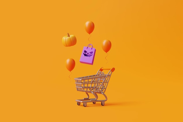 Verkoop met Jack o Lantern pompoenen winkeltas en ballonnen op oranje achtergrond 3D-rendering