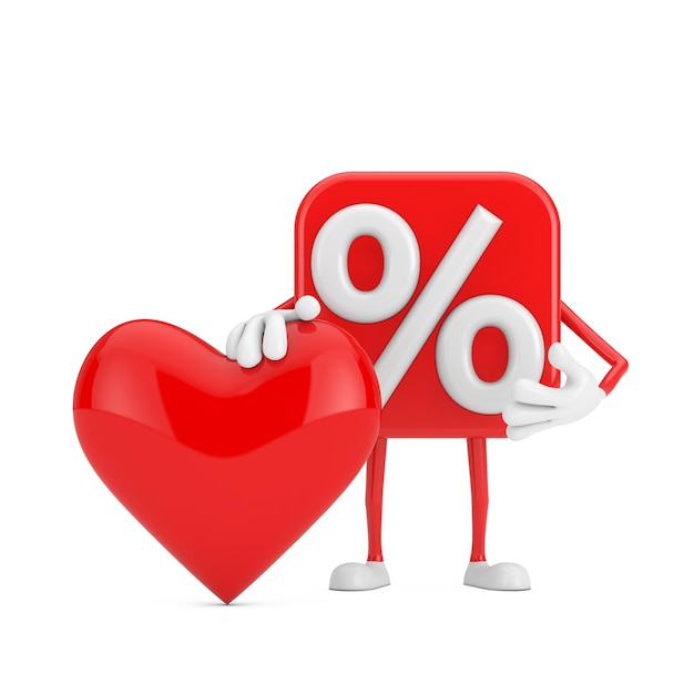 Verkoop of korting procentteken persoon karakter mascotte met rood hart op een witte achtergrond 3D-Rendering
