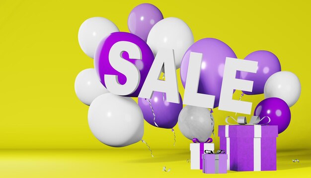 Verkoop tekst korting banner Hot aanbieding Beste prijs 3D-rendering gele achtergrond Paarse geschenkdoos zwevende witte ballonnen