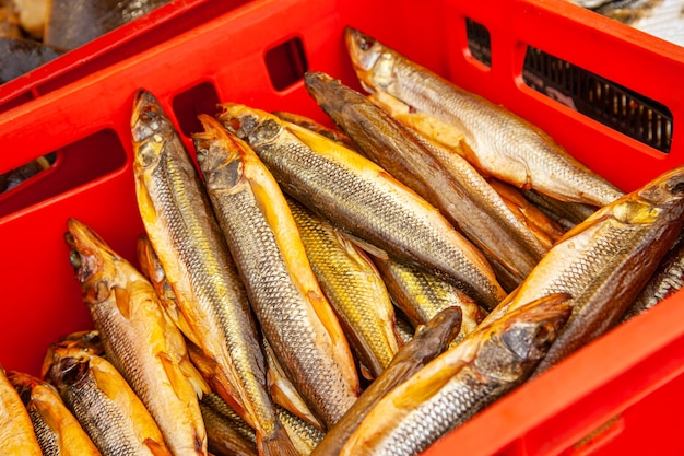 Verkoop van gerookte Kamchatka-vis. Zeevruchten uit het Verre Oosten, natuurlijk gerookte vis - rookzalm op de kerstmarkt van de stad.