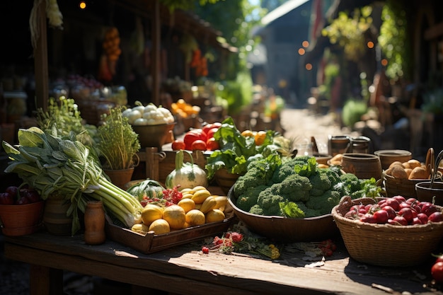 Verkoopder die verse producten verkoopt op een levendige boerenmarkt