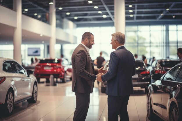 Foto verkoopmanagers en klanten hand in hand in een succesvolle auto showroom