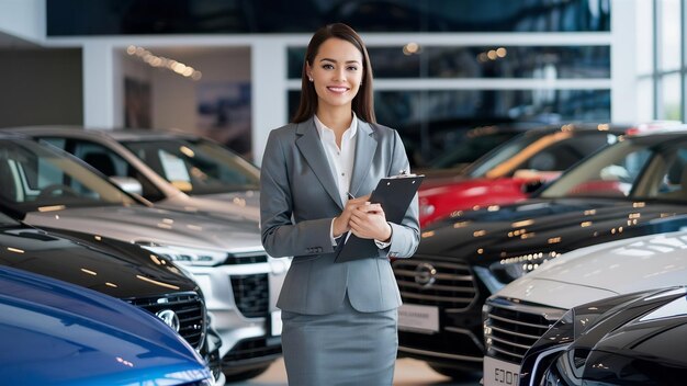 Verkoopvrouw in een autosalon die auto's verkoopt