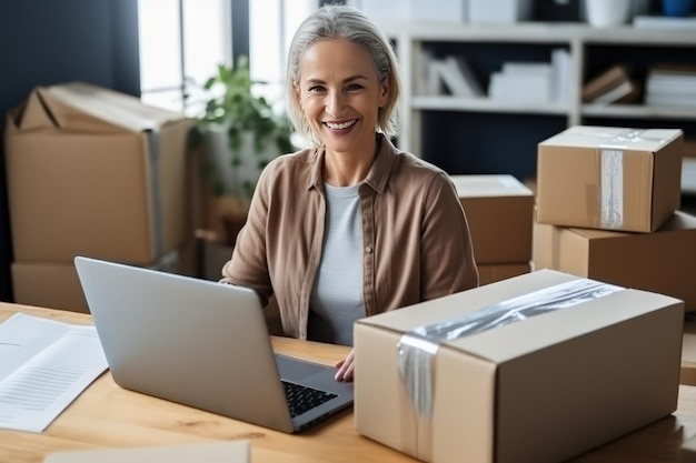 Verkoper van een online winkel tijdens een online gesprek met een koper Een blanke vrouw van middelbare leeftijd zit voor de monitor van een laptop in een magazijn met verpakte producten en communiceert met een klant