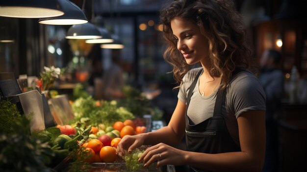 Verkopersvrouw die in een fruitwinkel werkt