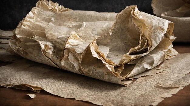 Verkrumpled oud tekstpapier boven houten tafel en zwarte grunge achtergrond