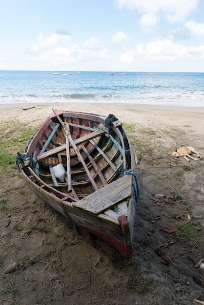 Foto verlaten boot op het strand tegen de lucht met slapende hond