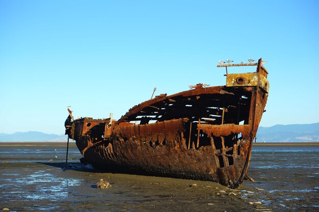 Foto verlaten boot op het strand tegen een heldere lucht