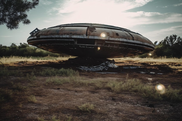 Verlaten buitenaards ruimteschip realistische fotografie UAP in een veld