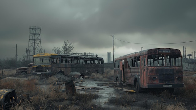 Verlaten bussen vergaan in een verlaten landschap onder een sombere lucht die post-apocalyptische vibes oproept