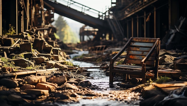 Foto verlaten fabriek oude machines gebroken wielen roestige staal natuur rust gegenereerd door ai
