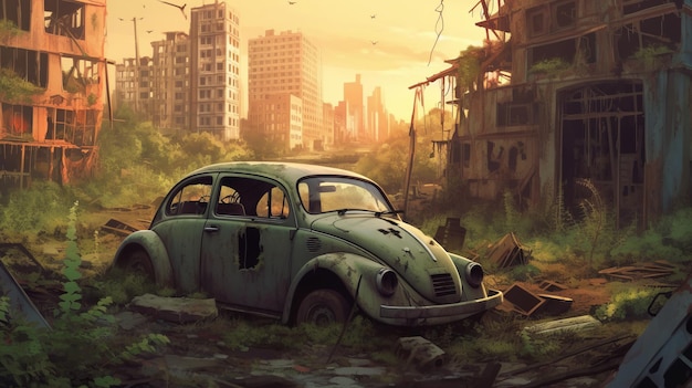 Verlaten gebouwen en vernielde auto's verkennen Een hyperrealistisch verhaal